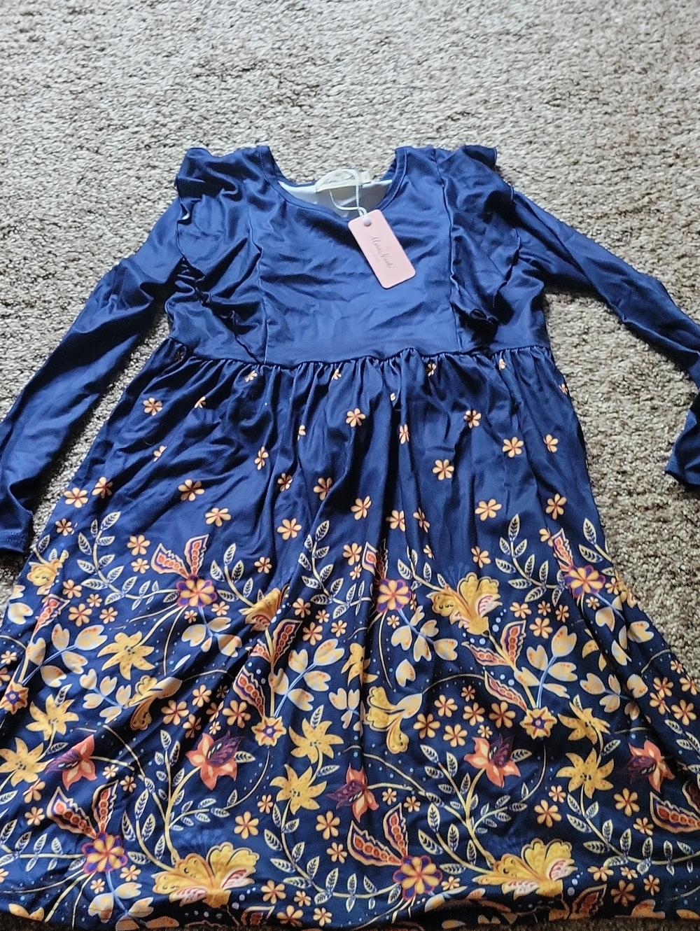Girls Navy Floral Long-Sleeve Dress